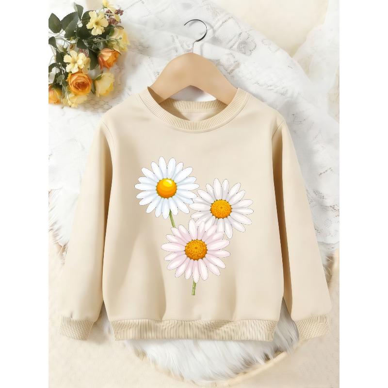 Unisex Kids Crewneck Sweatshirt, Cute White Daisy Floral Print Long Sleeve Pullover, Boys Girls Casual Sweatshirt For Kids Over 4 Years Old