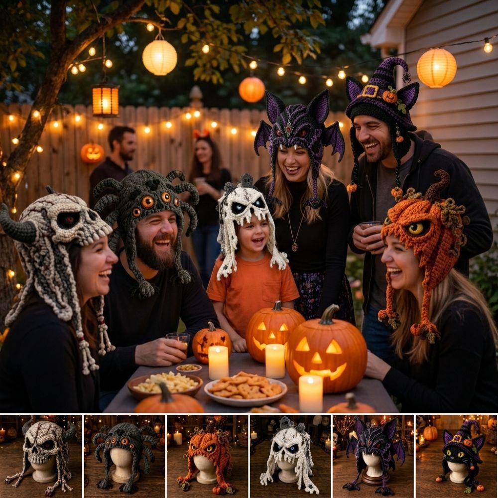 Kit de Ganchillo Cálido con Capucha de Halloween para Adultos Hecho a Mano Calabaza Murciélago Gato Regalo de Invierno