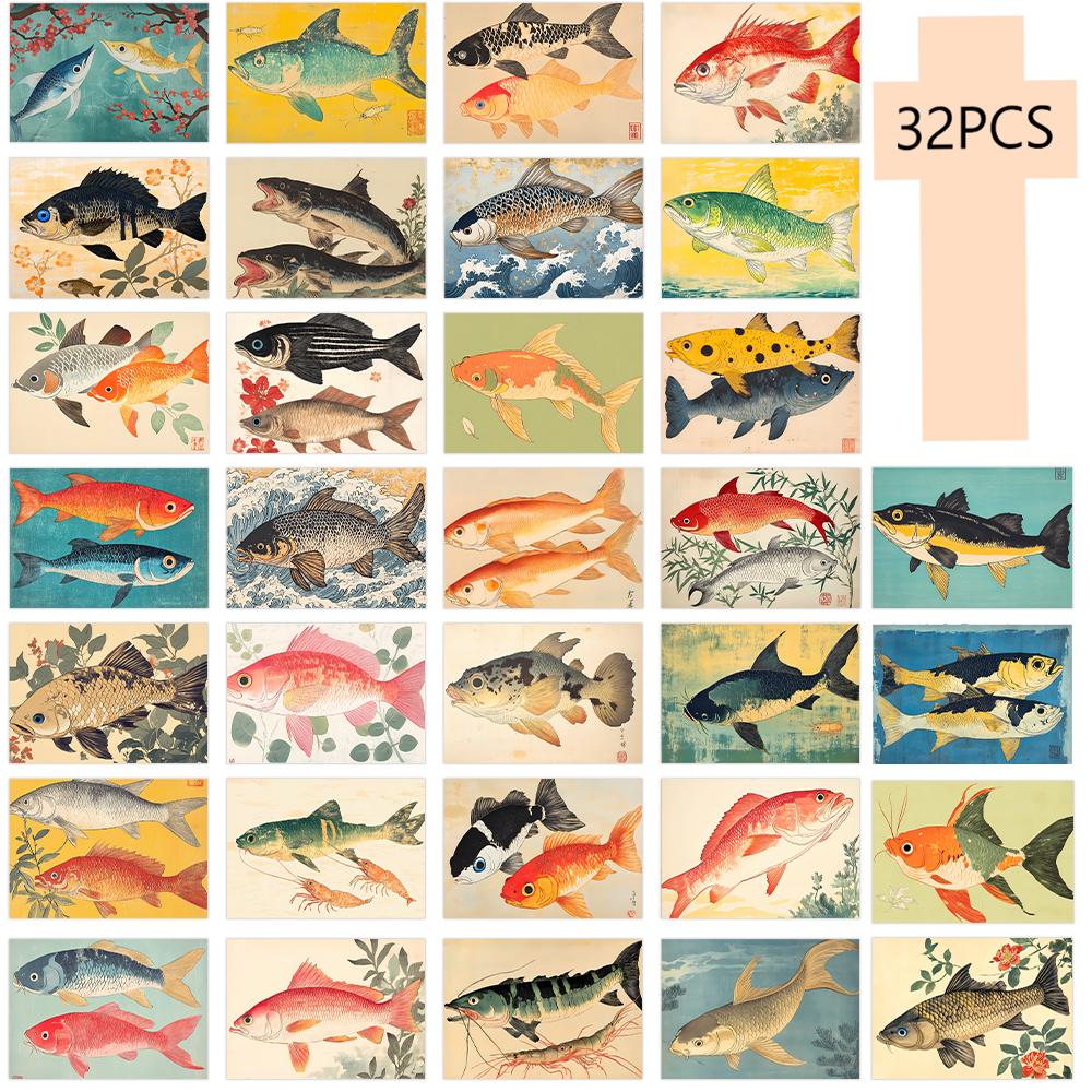 

32pcs, Vintage Japanese Fish Postcards, Room Decoration Stickers, Brochure Materials, Souvenirs, Collectibles and Mailing