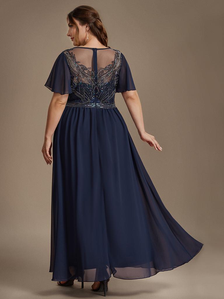 Ever-Pretty Damen Übergröße Perlenbesetztes A-Linien Maxikleid mit Fledermausärmeln Formelles Kleid mit Illusion Halsausschnitt