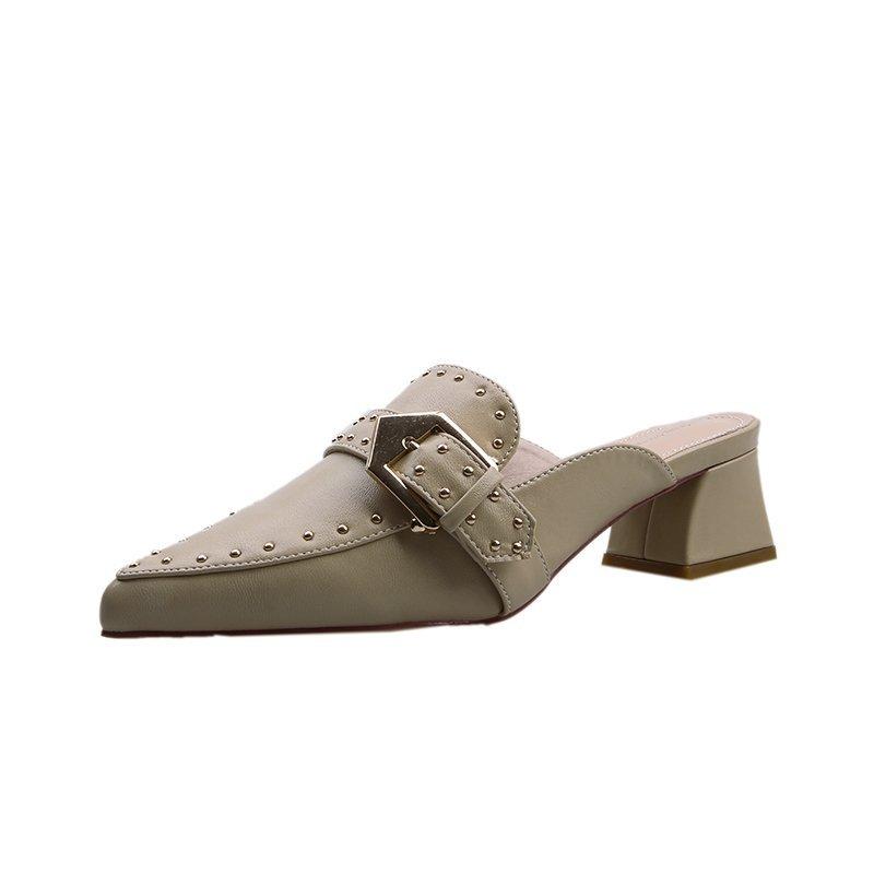 Новые Ретро Баотоу Туфли-полуботинки на kitten heel Модные Заостренный носок Заклепки Повседневные Для улицы Женские Крутые Шлепанцы 35 хаки 2450₽