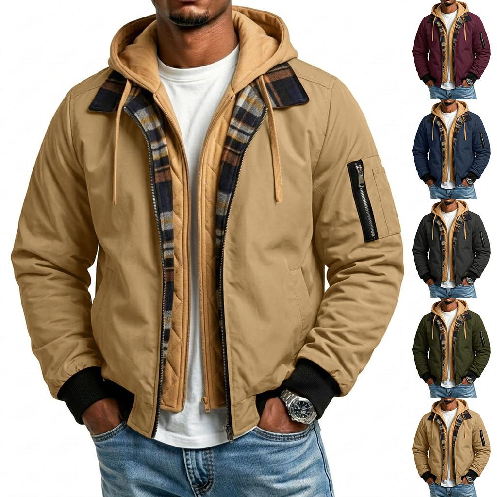 Men's Casual Hooded Flight Jacket with Plaid and Multiple Pockets