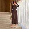 Damen Rundhals Langarm Midi Kleid Einfarbig Elegant Lässig Gestricktes Kleid