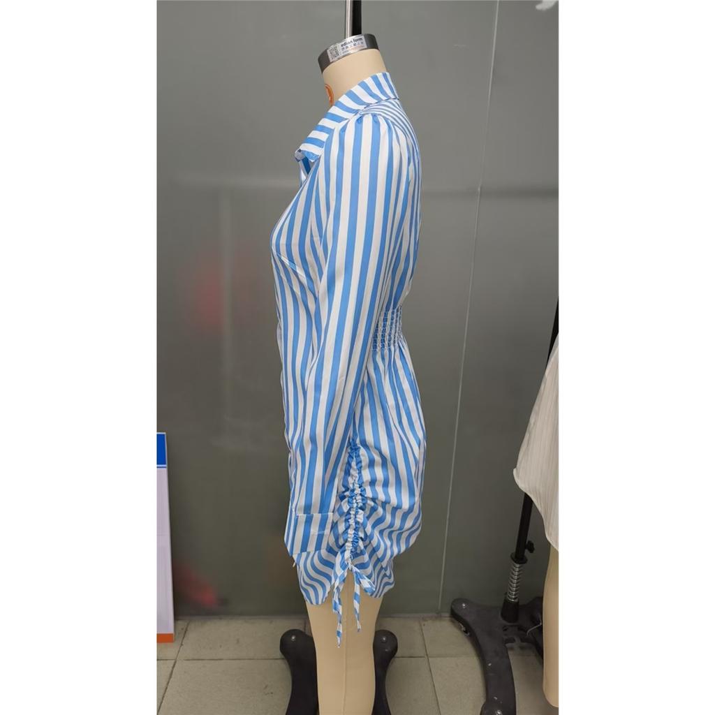 Women's long-sleeved POLO collar sexy side drawstring shirt dress