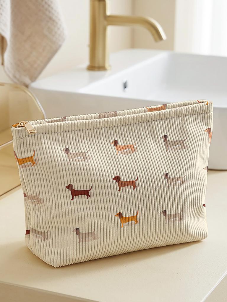 Dachshund patterned corduroy makeup bag, lightweight zipper pouch, multifunctional lined bag for cosmetics