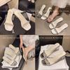 French sandals women wear 2025 summer new thick heel rhinestone fairy wind crystal transparent middle heel slippers