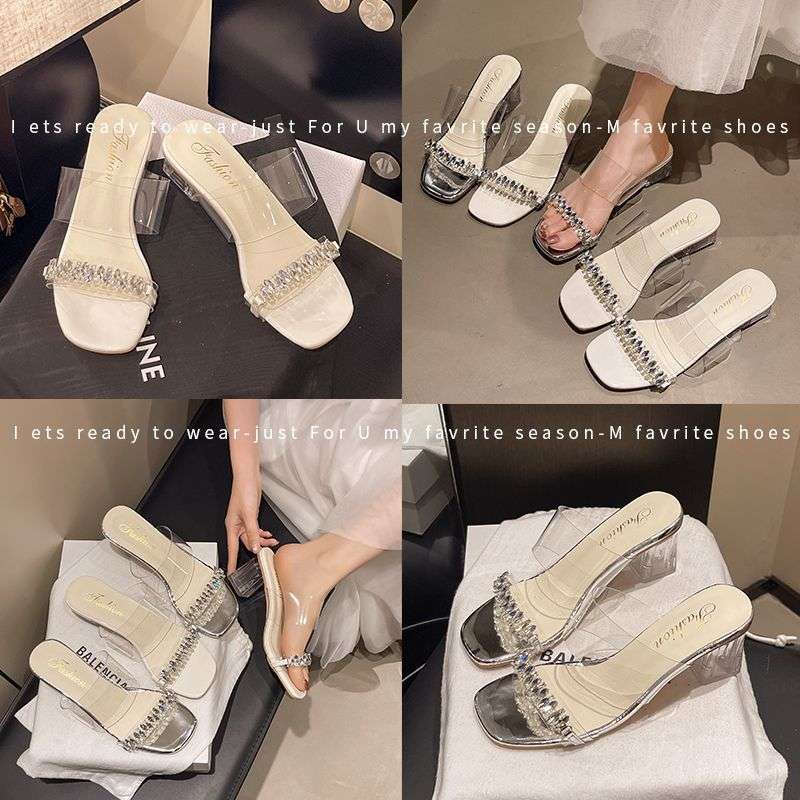 French sandals women wear 2025 summer new thick heel rhinestone fairy wind crystal transparent middle heel slippers