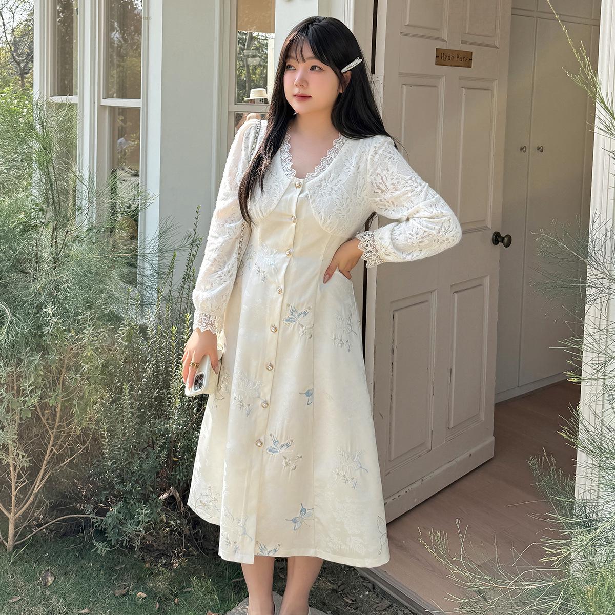 Plus Size Women s Retro V-neck Lace Patchwork Midi Dress 2XL абрикосовый