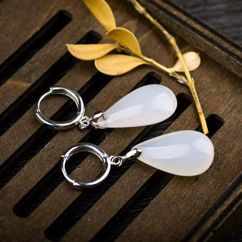 S925 Sterling Silver White Jade Fashion Earrings – Versatile, Elegant, Simple Style