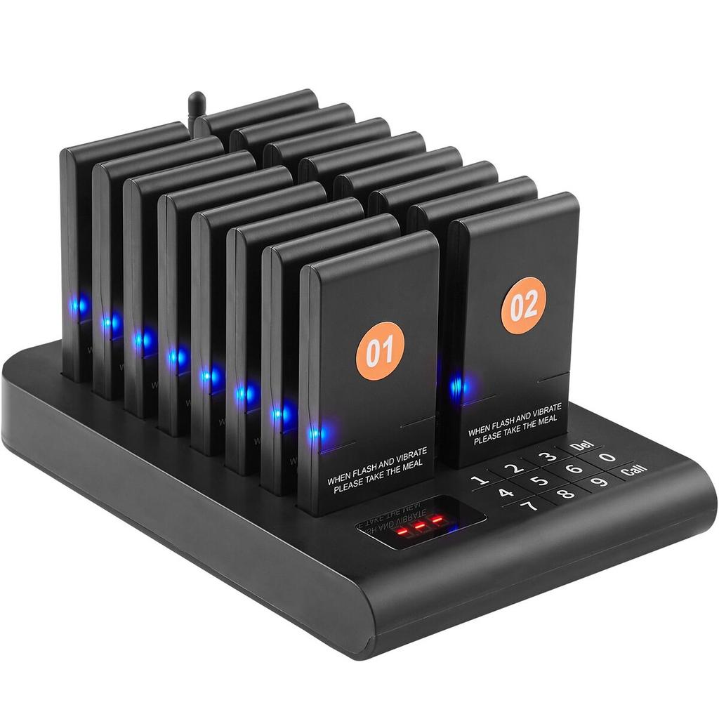 Restaurant-Pager-System, Kabellos 500m Reichweite Aufstell-Warteschlangen-Signal, Gäste-Kunden-Ruf-Piepser mit Vibration & Blinken, 16 Piepser