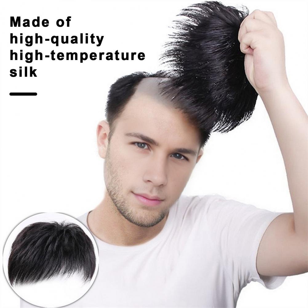 Men Short Straight Hairpiece with Bangs BaldSpots Gray Hair Coverage High Temperature Fiber Male Black Synthetic Hair Wig