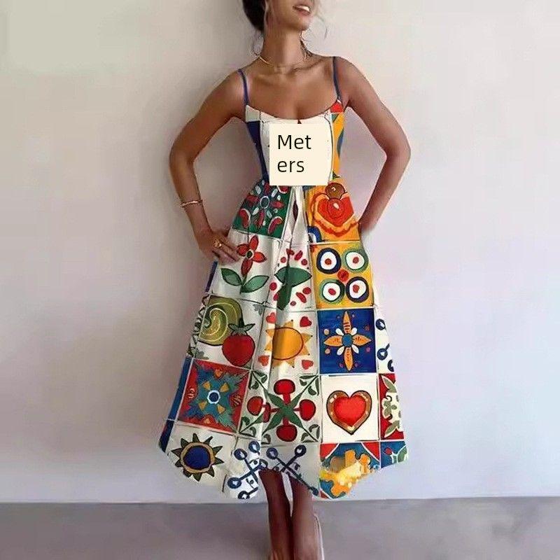 European and American Sexy U-Collar Waist Hugging Pleat Sling Big Hemline Dress Women Sexy Suspender Dress