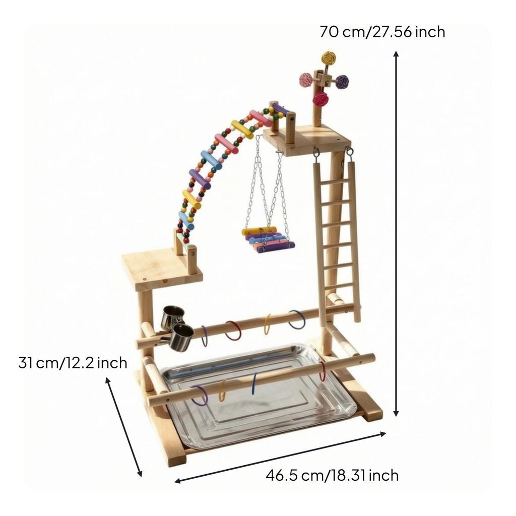 Bird Play Stand Featuring Food Dish Cups Wooden Pet Supply Natural