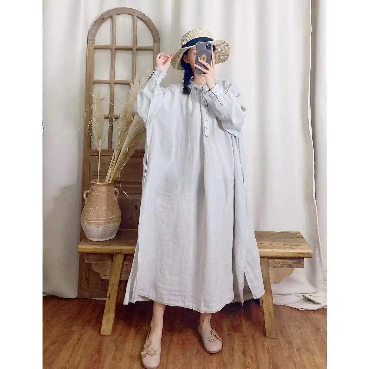 

Johnature женское японское свободное платье нерегулярной формы весеннее однотонное винтажное женское платье с круглым вырезом на пуговицах One Size светло-серый