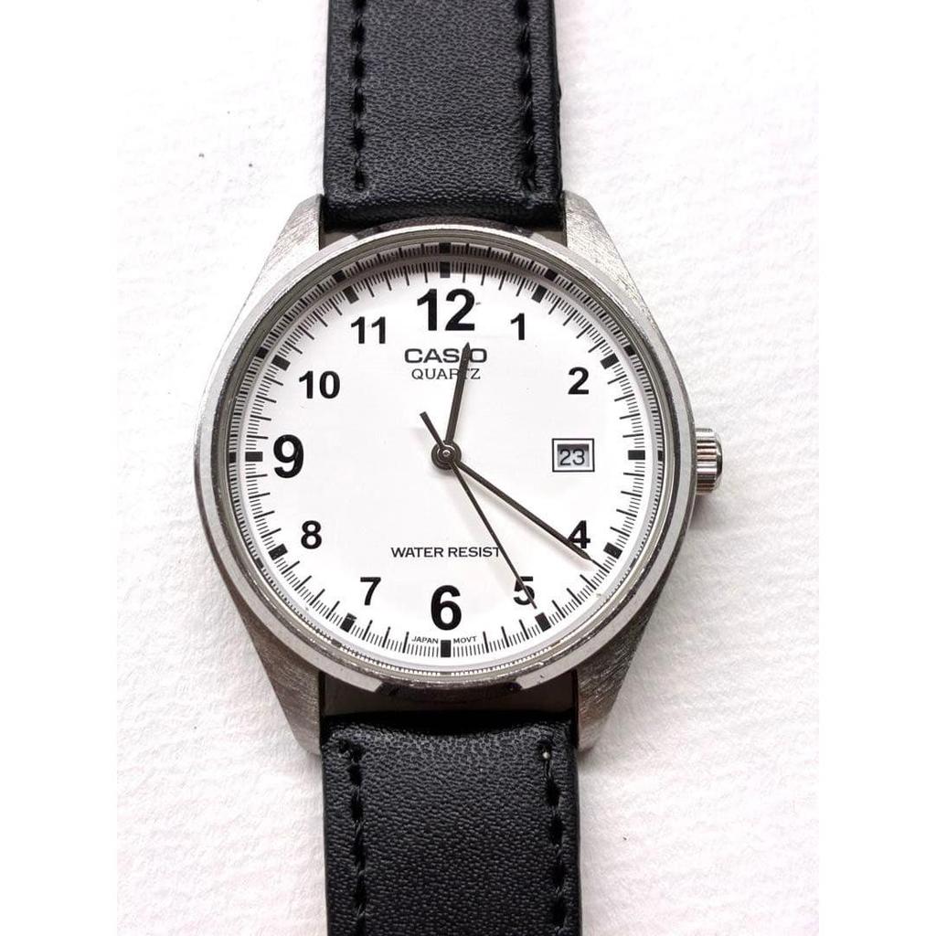 Used CASIO Men's Quartz White Dial New Leather Strap Working