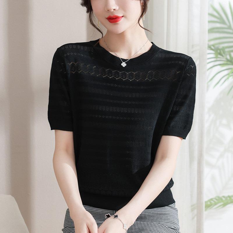 Ice Silk Short Sleeved Knitted Sweater Women's Summer Round Neck Thin Design Sense Short Jacquard Top T-shirt Women