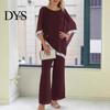 Summer Daily Loose Outfit 2 Pcs/Set Women Top Pants Set Dolman Sleeves Irregular Sequin Hem O Neck Blouse Solid Color Wide Leg Trousers Suit