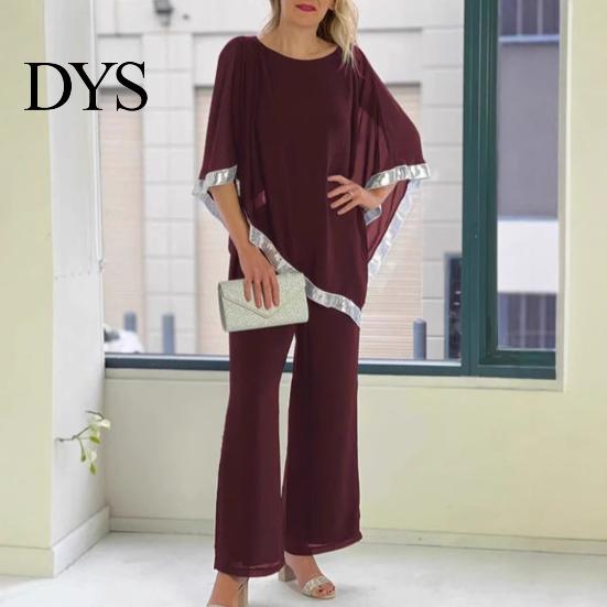 Summer Daily Loose Outfit 2 Pcs/Set Women Top Pants Set Dolman Sleeves Irregular Sequin Hem O Neck Blouse Solid Color Wide Leg Trousers Suit