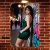 High Definition Tin Painting Woman in Green Bodycon Dress by Graffiti Wall at Night Vintage Metal Sign Wall Art Decor