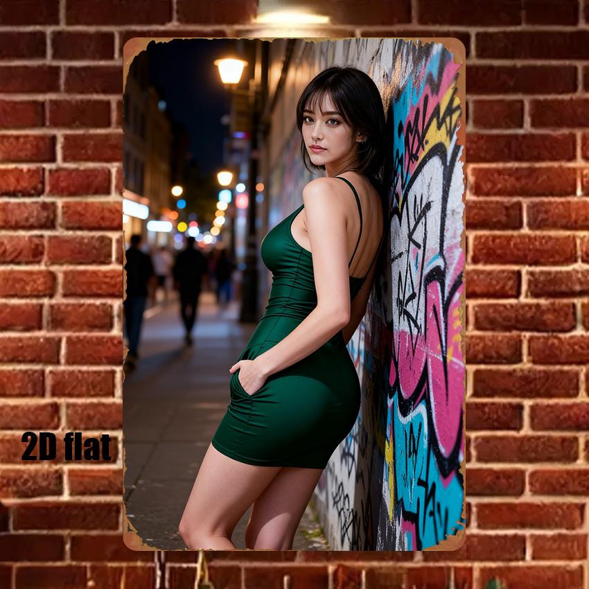 High Definition Tin Painting Woman in Green Bodycon Dress by Graffiti Wall at Night Vintage Metal Sign Wall Art Decor