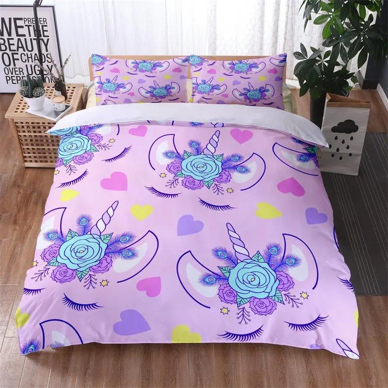 Colorful Luminous Unicorn Print Bedding Set 3D Cartoon Animal Pattern Duvet Cover Bedroom Decor With Pillowcases For Girls Gift