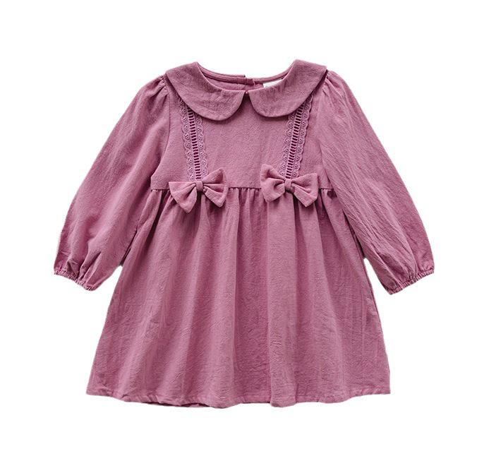 Lace Trim Bow Collar Long Sleeve Princess Dress for Kids - 2026 Autumn Collection