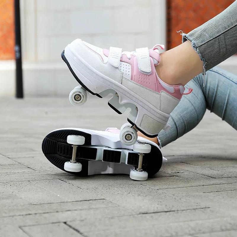 2 In 1 Removable Pulley Skate Skating Parkour 2025 New Pulley Shoes with 4 Wheels Racing Roller Skate Shoes for Kids Sneaker