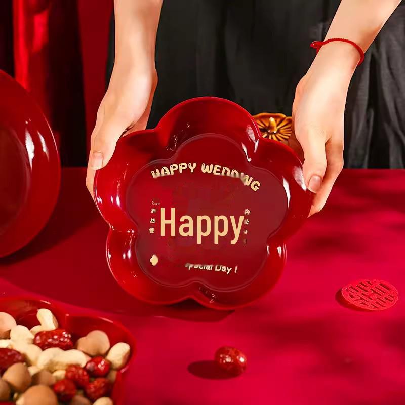 Red Festive Wedding Candy & Dried Fruit Plate for Engagement or Living Room