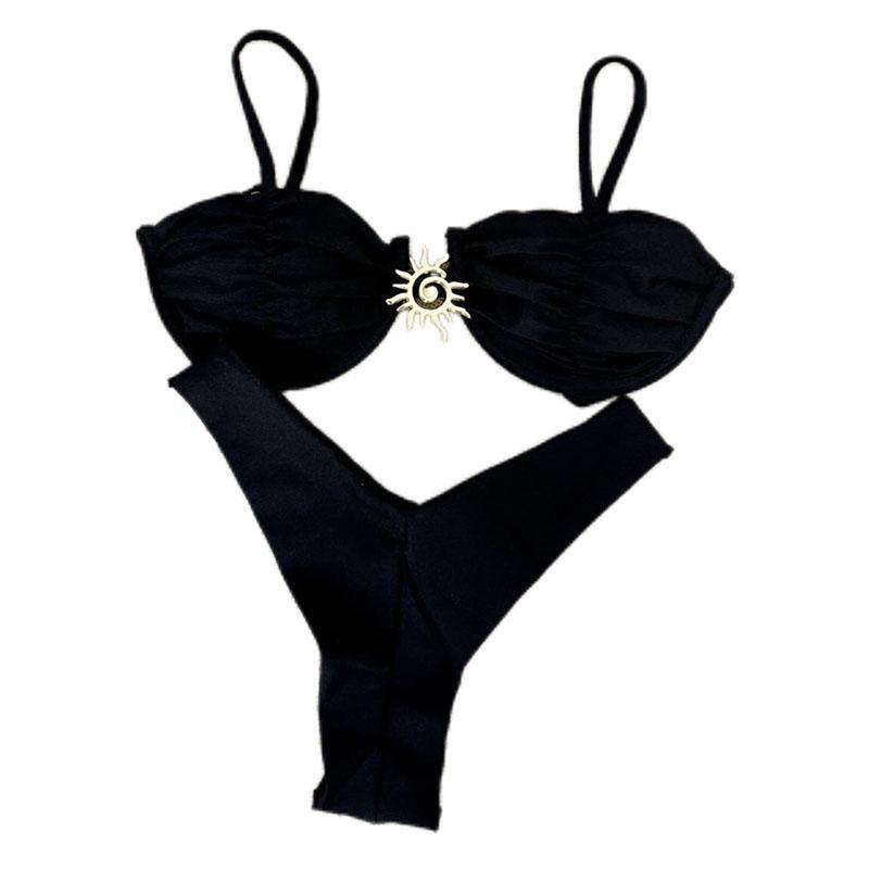 New Solid Color Steel Holder Sun Bikini Set Split Swimsuit Women's Two-piece Low Waist Swimwear