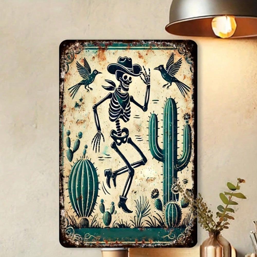Vintage Western Cowboy Skeleton Parrot Tin Sign 8x12In Rustic Metal Wall Art Bar Cafe Decor