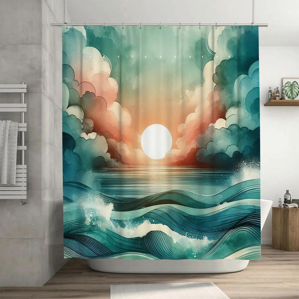 Sunset Waves Shower Curtain Watercolor Sunburst Pattern For Bathroom Decor Modern Artistic Print Fabric Shower Curtain Waterproo