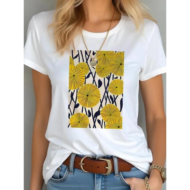 Summer Round Neck Flower Printed Top Fashionable Casual Short Sleeved Women's T-shirt