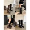 2025 neue hochhackige lange Ritterstiefel mit dicker Sohle für Damen Maillard plissierte Hosenstiefel braune Schnallenstiefel