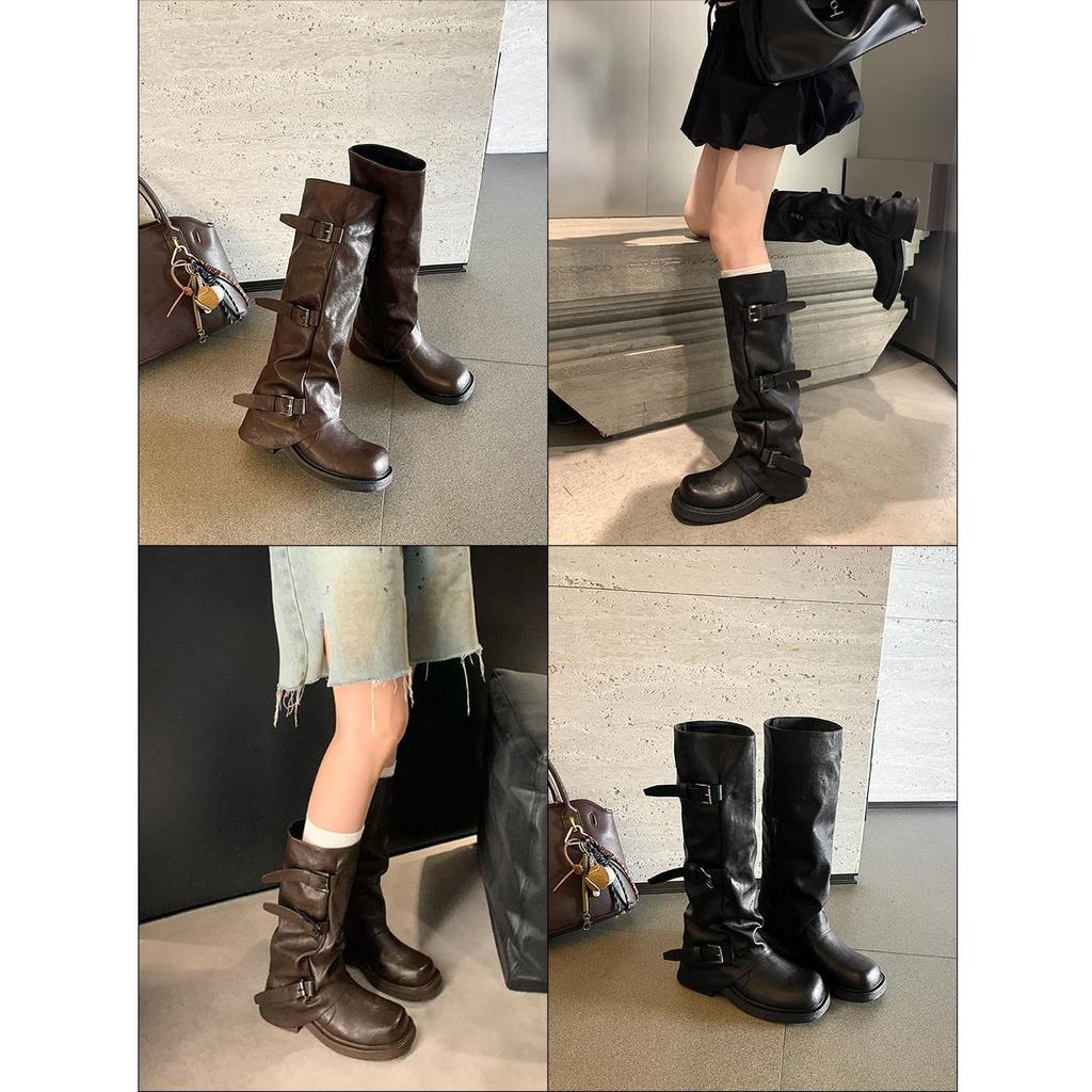 2025 neue hochhackige lange Ritterstiefel mit dicker Sohle für Damen Maillard plissierte Hosenstiefel braune Schnallenstiefel