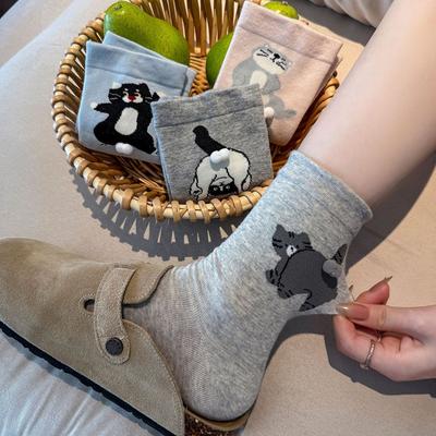 Cute 3D Cat Egg Socks Cartoon Cat Print Cotton Socks Soft Cozy Daily Wear Warm Socks Kawaii Knitting Socks Creative Gift