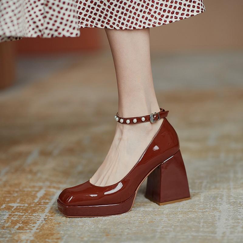 Women's Pumps 2024 Autumn Fashion High Heels Women Korean Style Versatile Mary Jane Chunky Heel Pumps Pearl Buckle Party Shoes