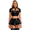 Womens PU Leather Crop Top Cutout Short Sleeve Push-up Underwire Built-in Thong Mini Skirt Rave Clubwear