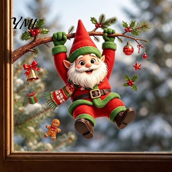 Holiday Party Decor Cute Gnome Christmas Static Window Cling, Removable Decal with Holly Bell Pattern Stickers Gingerbread Snowflake, for Home Living