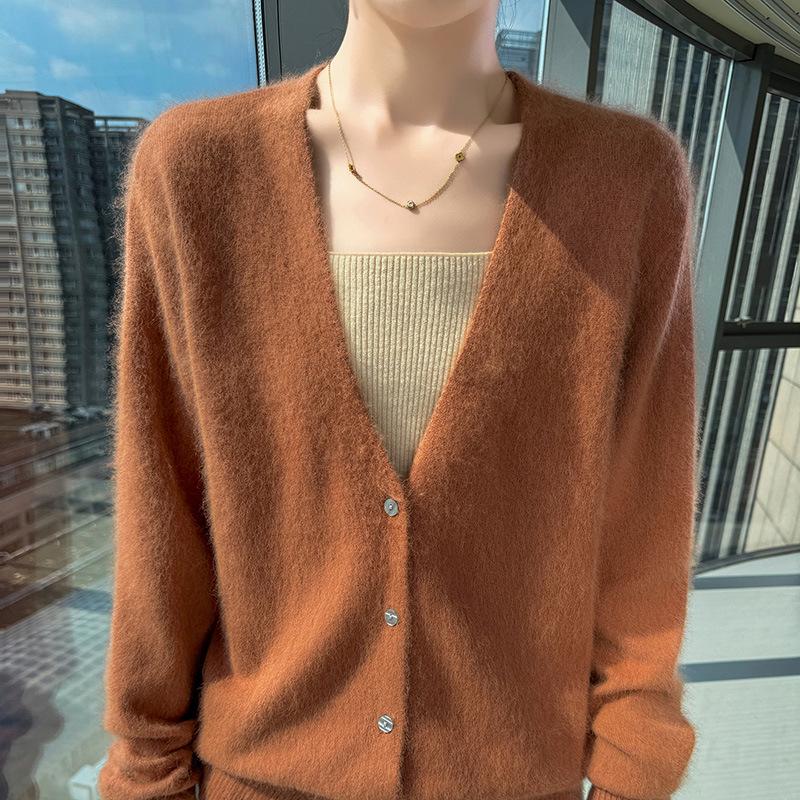 Autumn & Winter V-Neck Mink Velvet Women's Knit Cardigan - Loose, Slimming, Marled Yarn Sweater Top, Fashionable Outerwear