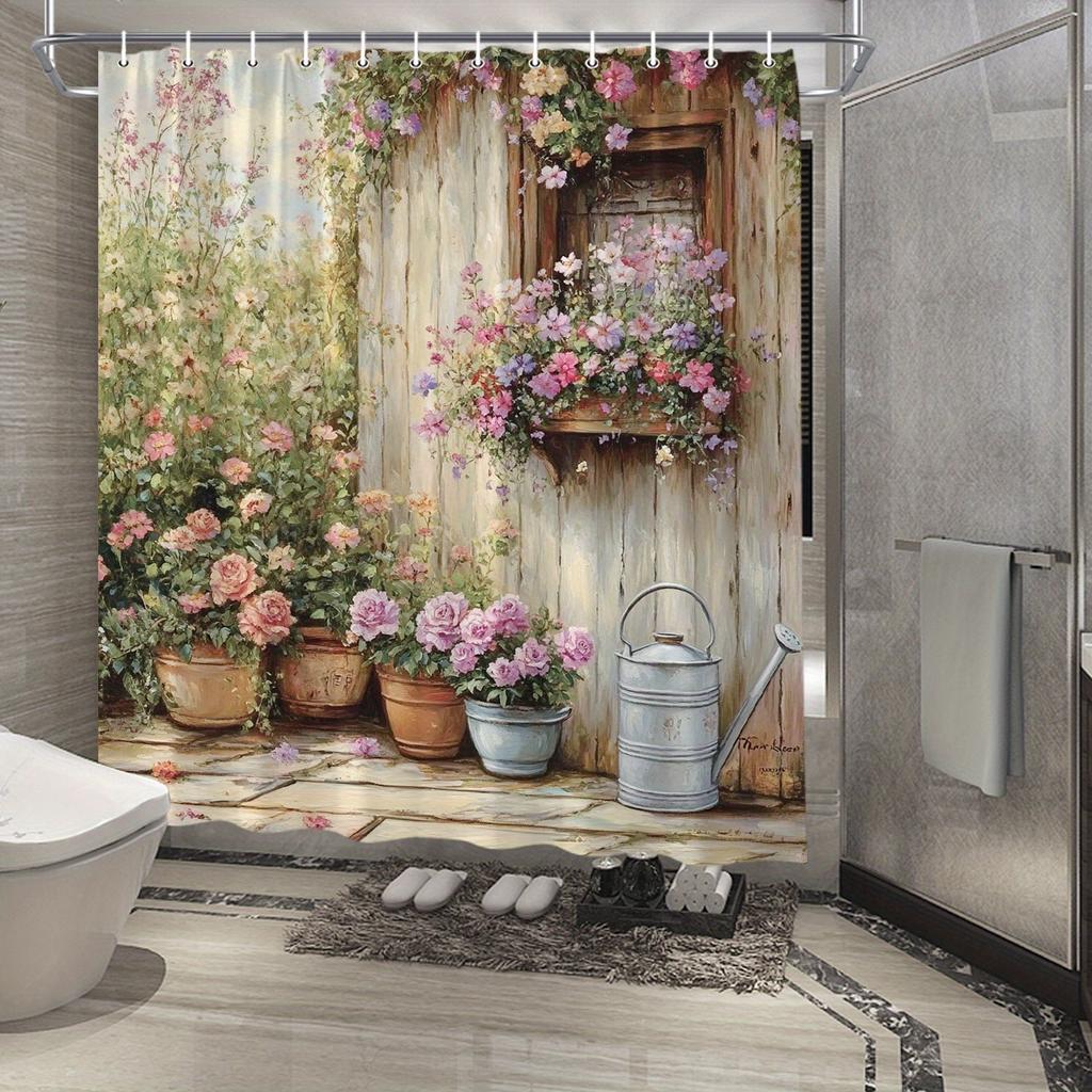 Rustic Garden Door Shower Curtain -Waterproof,Mildew-Resistant with Floral and Pot Design for a Cozy and Romantic Bathroom Decor