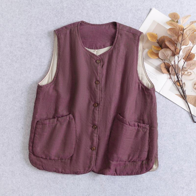 Warm Yangyang Women's Retro Pitaya Cotton-Linen Padded Vest - Autumn/Winter 2025