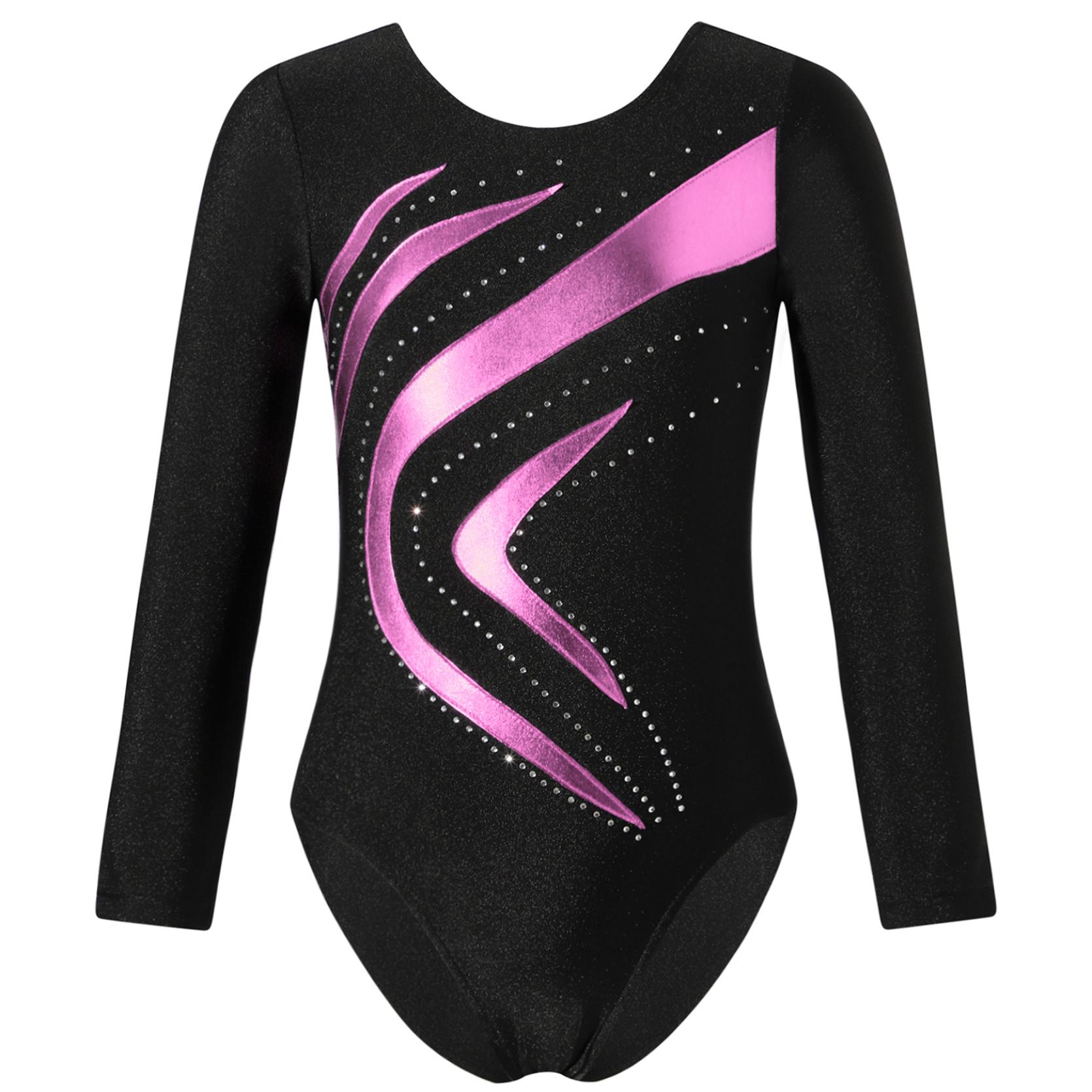 IEFiEL Kinderen meisjes glanzend strass decor gymnastiek turnpakje ronde hals lange mouw fitness dans bodysuit outfit 5-6 Years roze