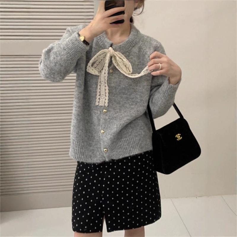 Crew Neck Bow Sweater Cardigan Women's Autumn and Winter Soft Waxy Lazy Wind Loose Knitted Jacket Thick