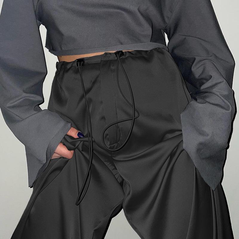 European and American Solid Color Vertical Feeling Floor Dragging Satin Trendy Loose Casual Pants