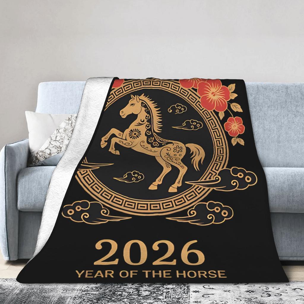 Chinese New Year Year of The Horse Blankets Flannel Throw Blankets Summer Air Conditioning Portable Ultra-Soft Bedsprea,