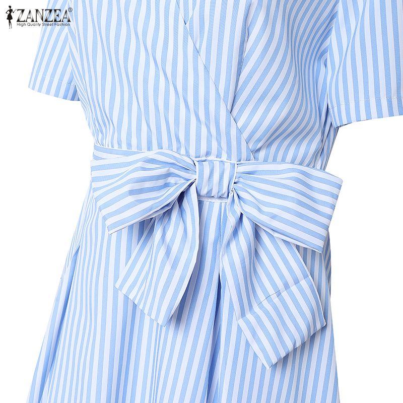 ZANZEA Women Casual V-Neck Short Sleeve Bows Splice Stripe Print A-line Dress