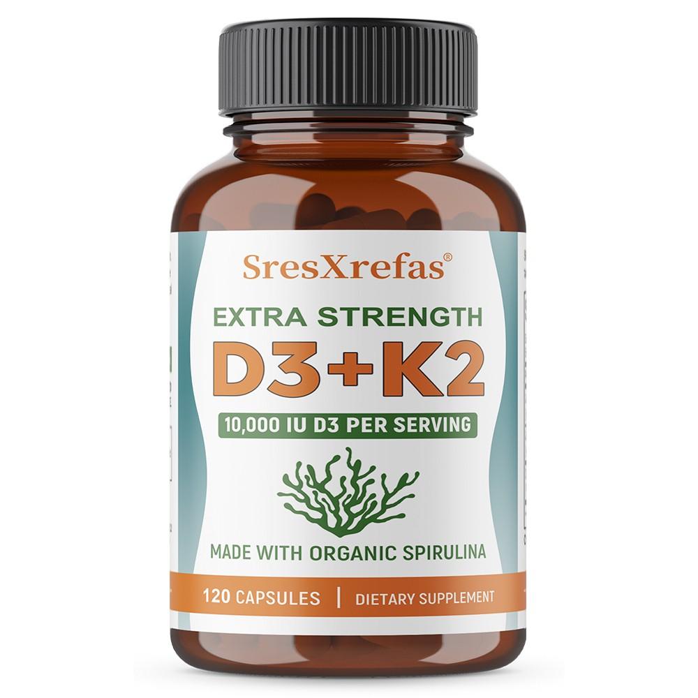 

Vitamin D3 + K2 Dietary Supplement, With Organic Spirulina, 120 Capsules Per Bottle 120 Capsules