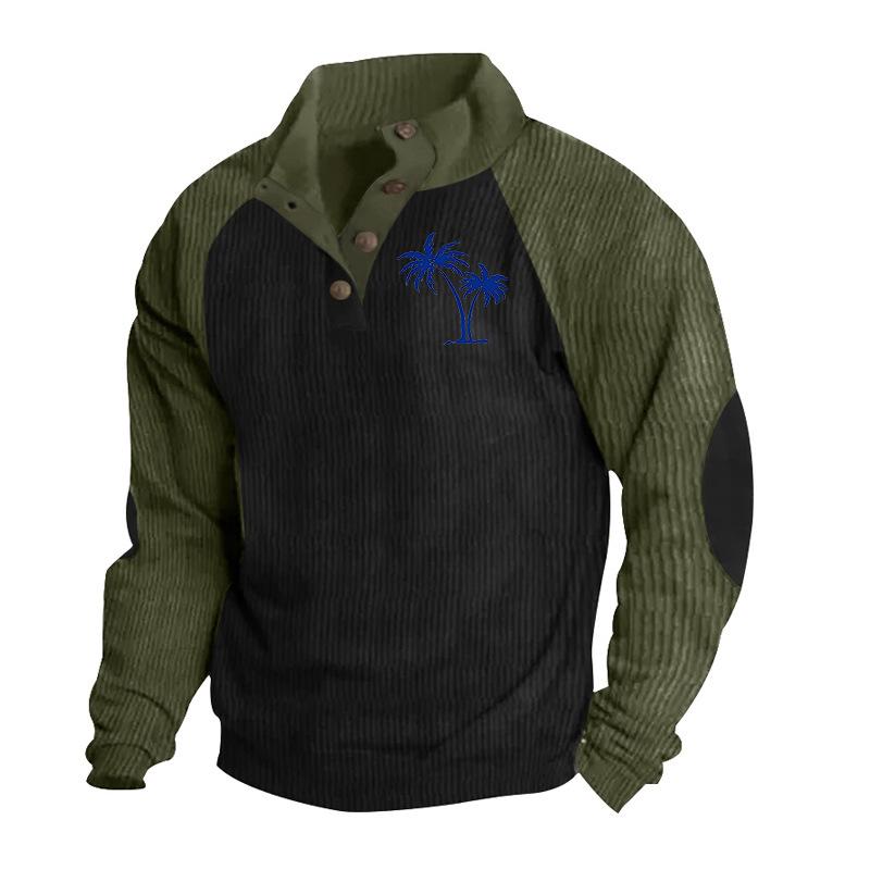 Men's Drop-Shoulder Sleeve Casual Printed Stand-Up Collar Loose-Fit Corduroy Patchwork Sports Sweatshirt