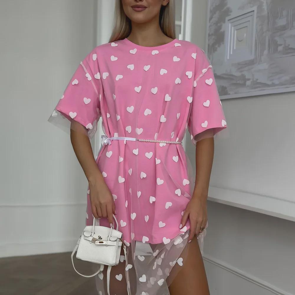 2024 Summer Women's Sexy Mesh Color-Block Loose Two-Piece T-Shirt Dress