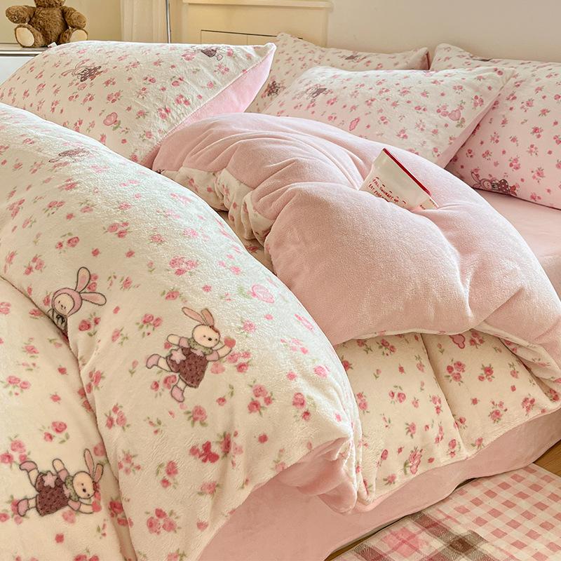 Thickened Milk Fleece Four-Piece Set, Coral Fleece Bed Sheet Quilt Cover, Fleece Three-Piece Set, Bedding.